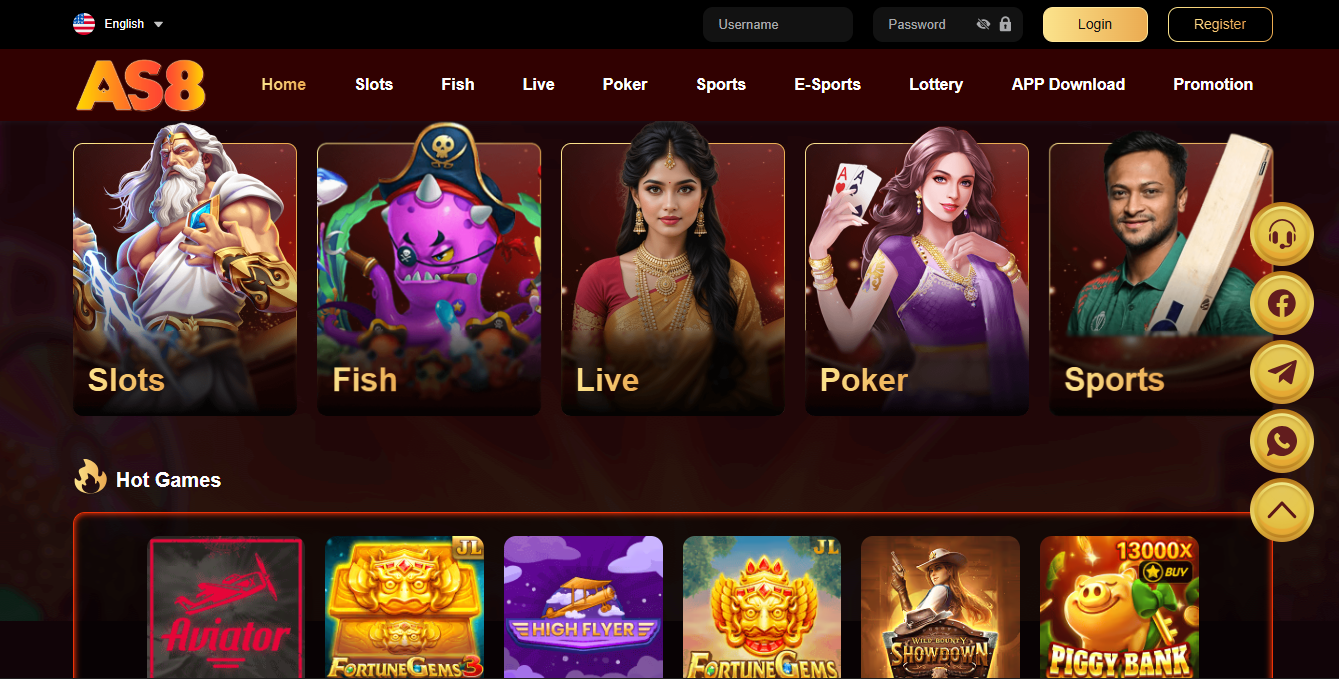 AS8 Game categories showing slots live casino and sports Pakistan