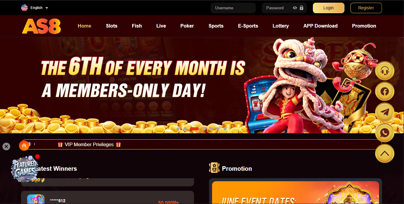 AS8 Game Pakistan homepage showing Members Day promotion and gaming categories