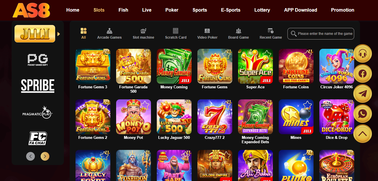 AS8 Game JILI slots lobby showing Fortune Gems and popular slot games
