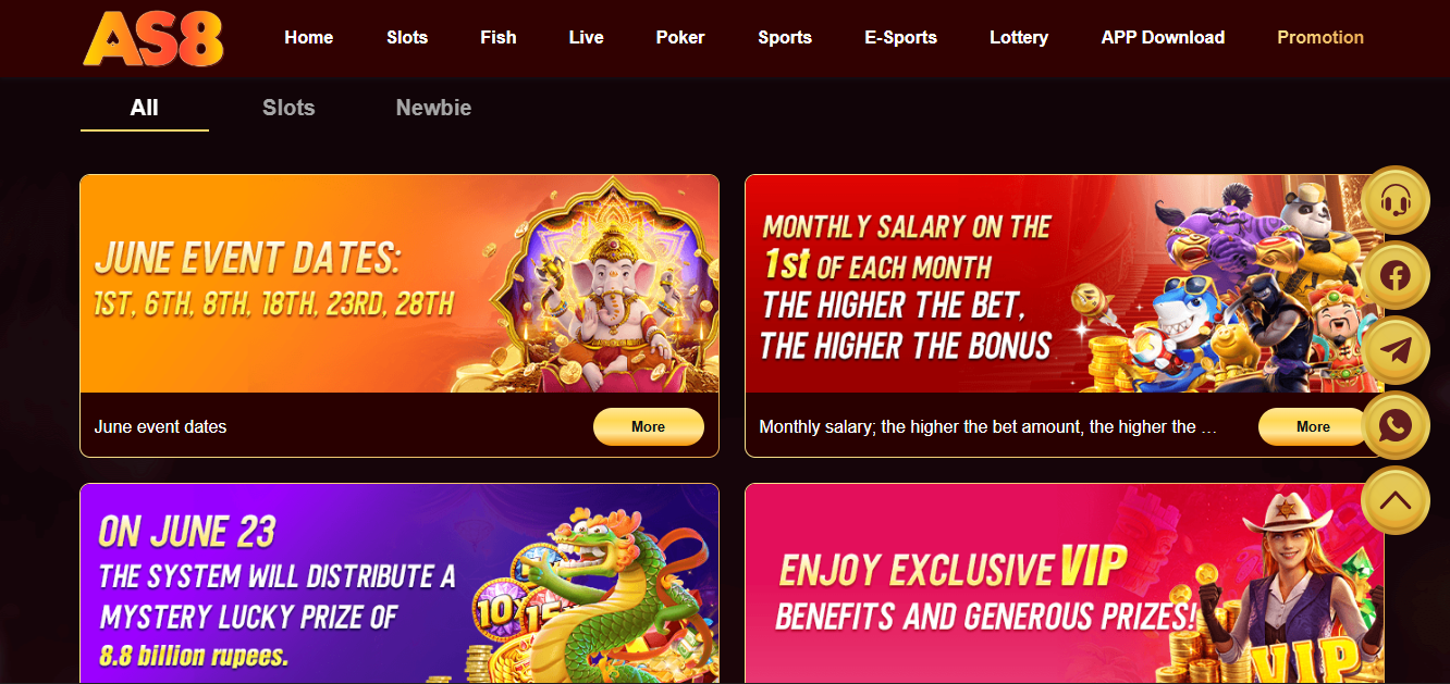 AS8 Game promotions page showing VIP bonus and June events Pakistan
