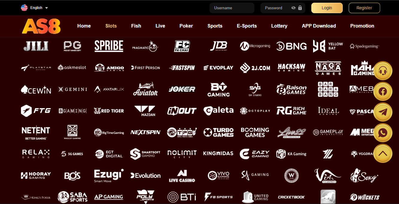 AS8 Game supported game providers list including JILI Pragmatic Play Evolution