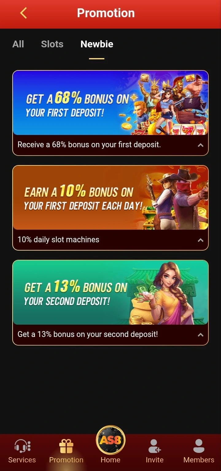 AS8 game promotion screen showing 68 percent first deposit bonus and daily bonuses in Pakistan