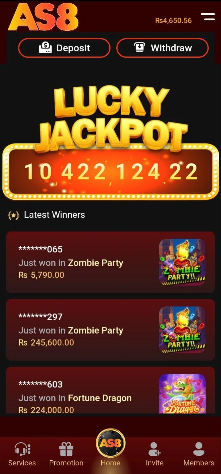 AS8 game home screen showing live Lucky Jackpot counter and latest winners in Pakistan